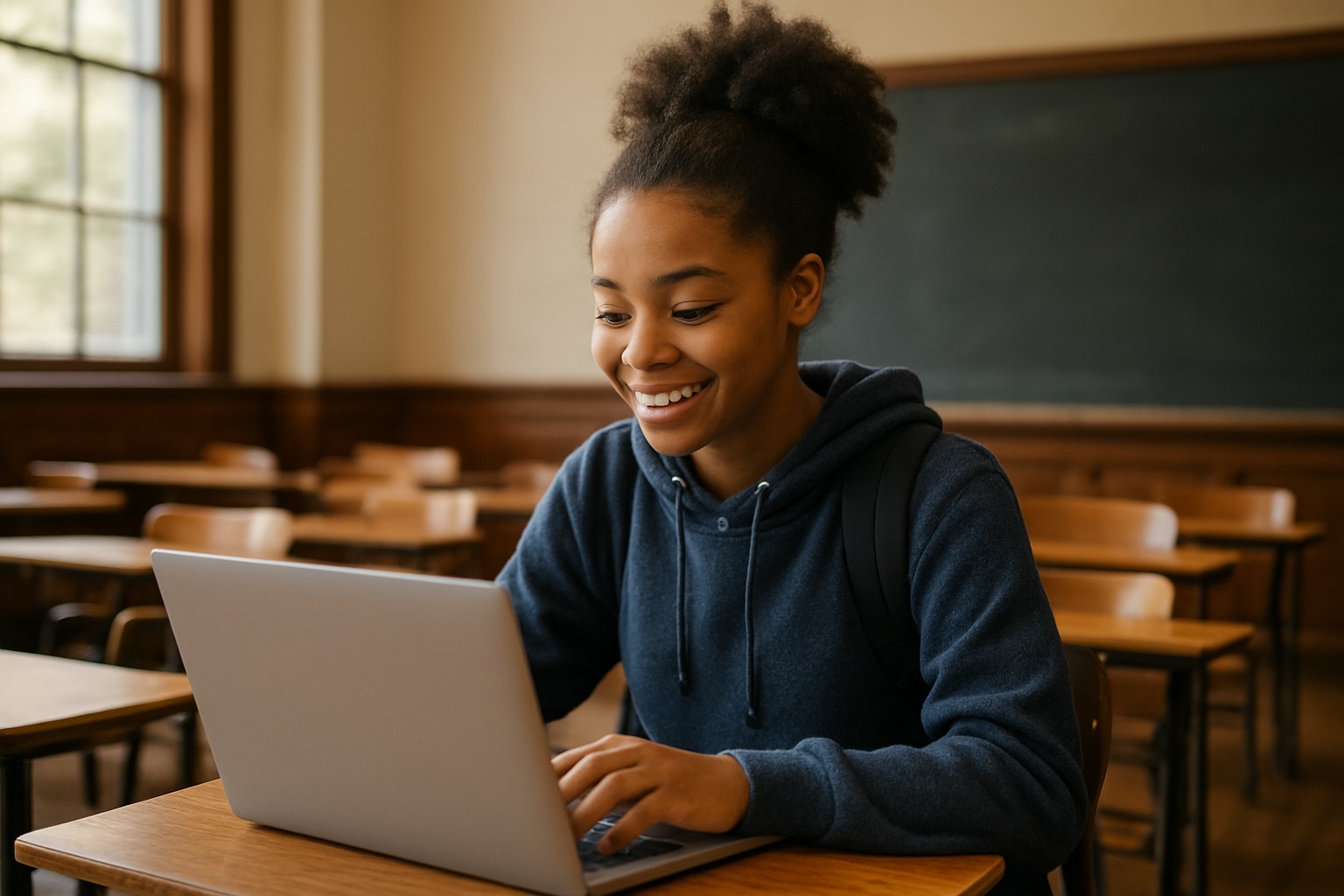Student researching colleges on laptop