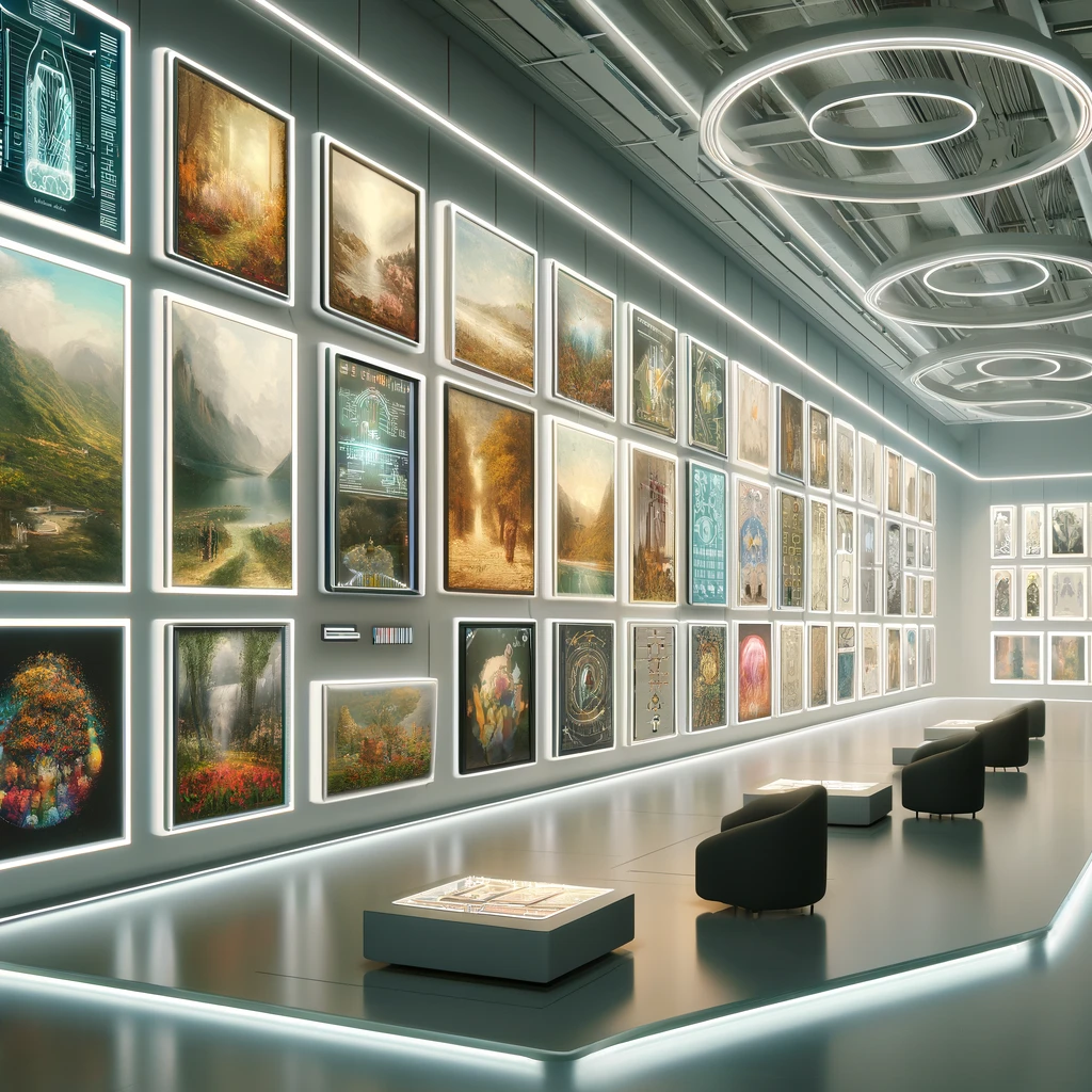 A futuristic museum exhibition hall to illustrate the Rozz gallery of examples.