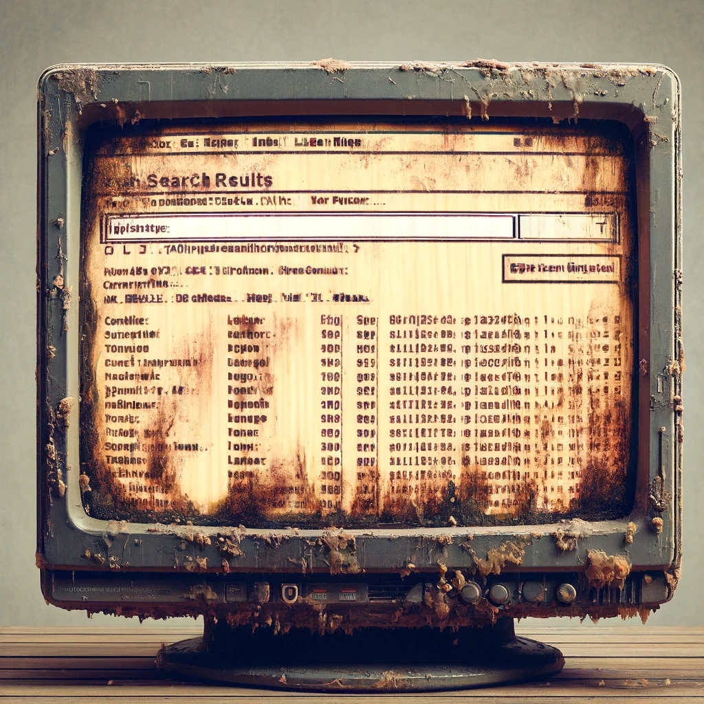 An old and moldy computer screen displaying a text-based user interface from the 1980s, to convey the sense that traditional search bars need to be replaced with Rozz.