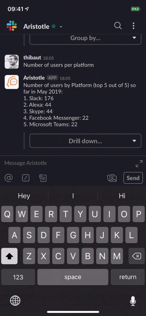 Screenshot of chatbot for analytics on phone